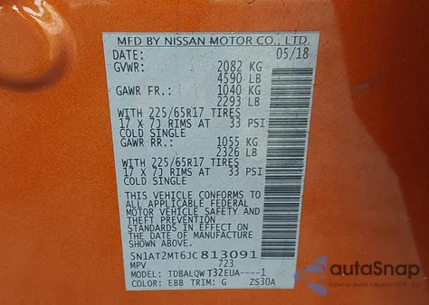 2018 Nissan Rogue Sv from USA, damaged, VIN 5N1AT2MT6JC813091